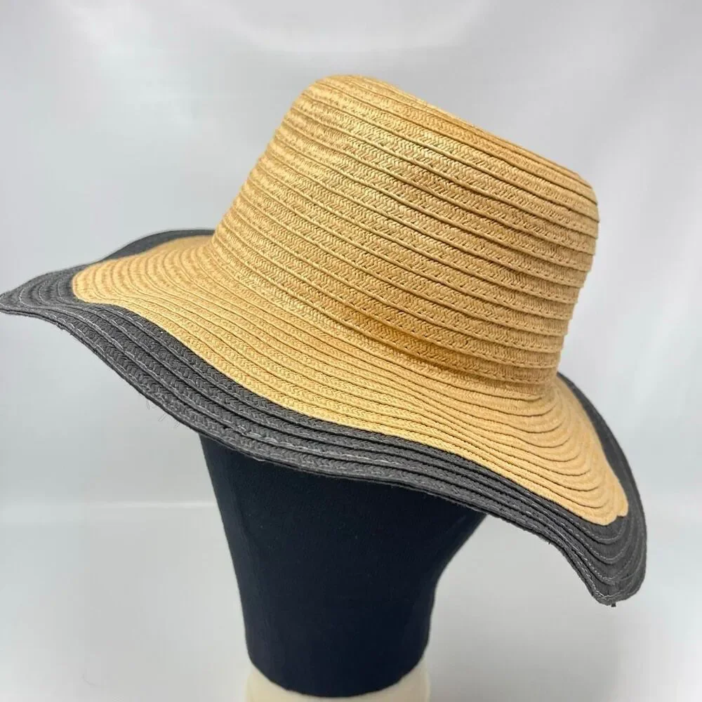 Forever 21 Beige Black Soot Floppy Wide Brim Woven Paper Sun Hat One Size OSFM